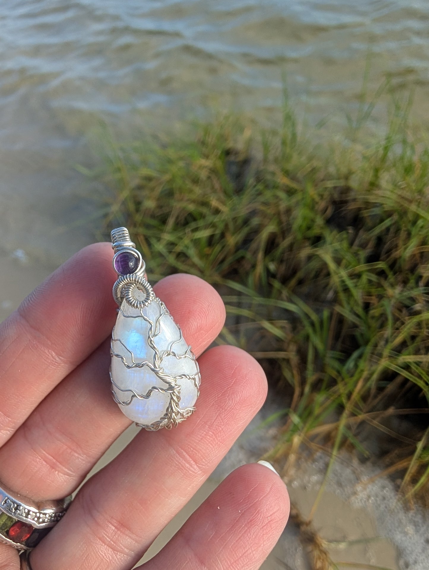 Handcrafted Sterling silver wire wrapped Tree pendant. Moonstone and amethyst.