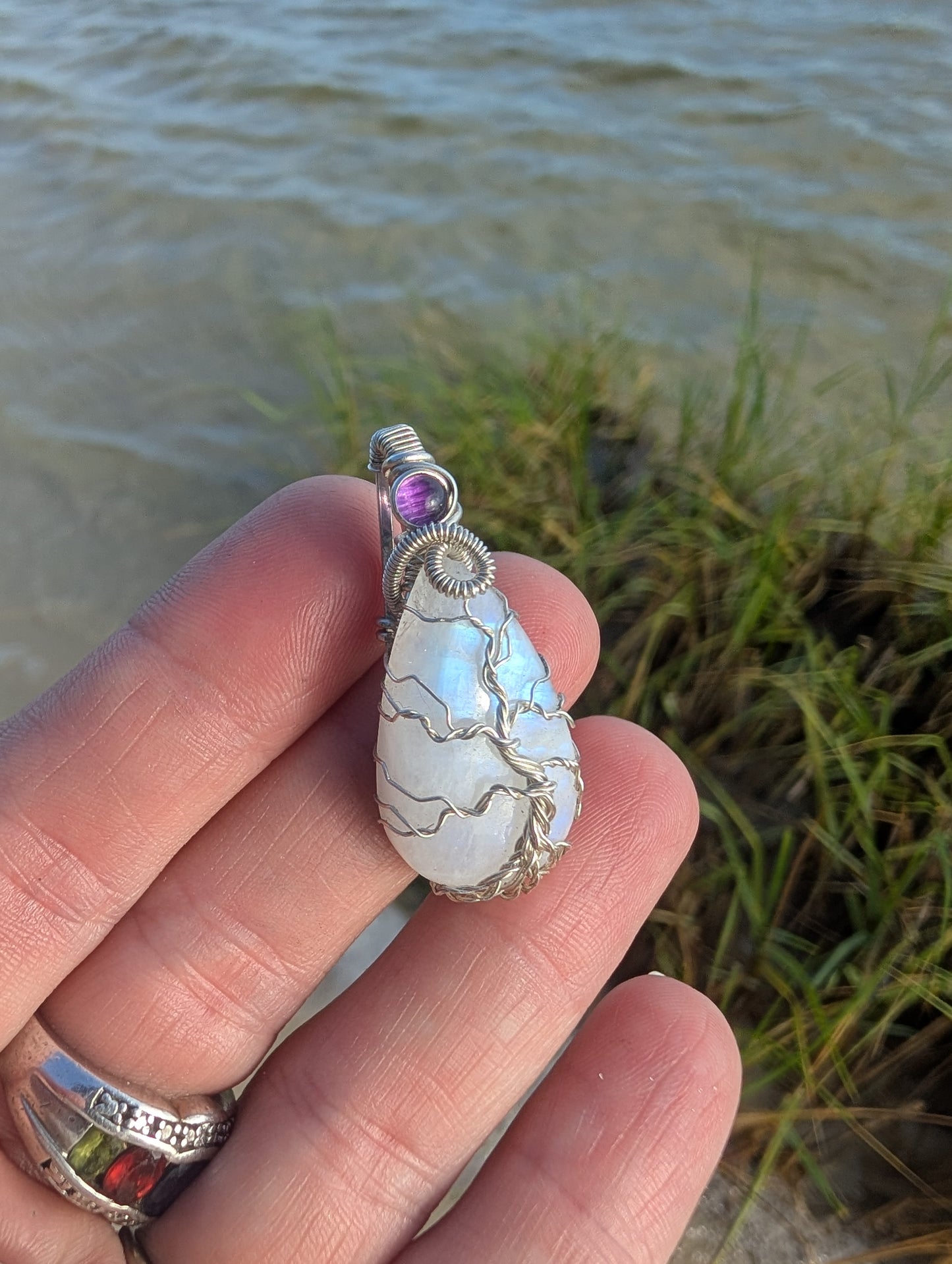 Handcrafted Sterling silver wire wrapped Tree pendant. Moonstone and amethyst.