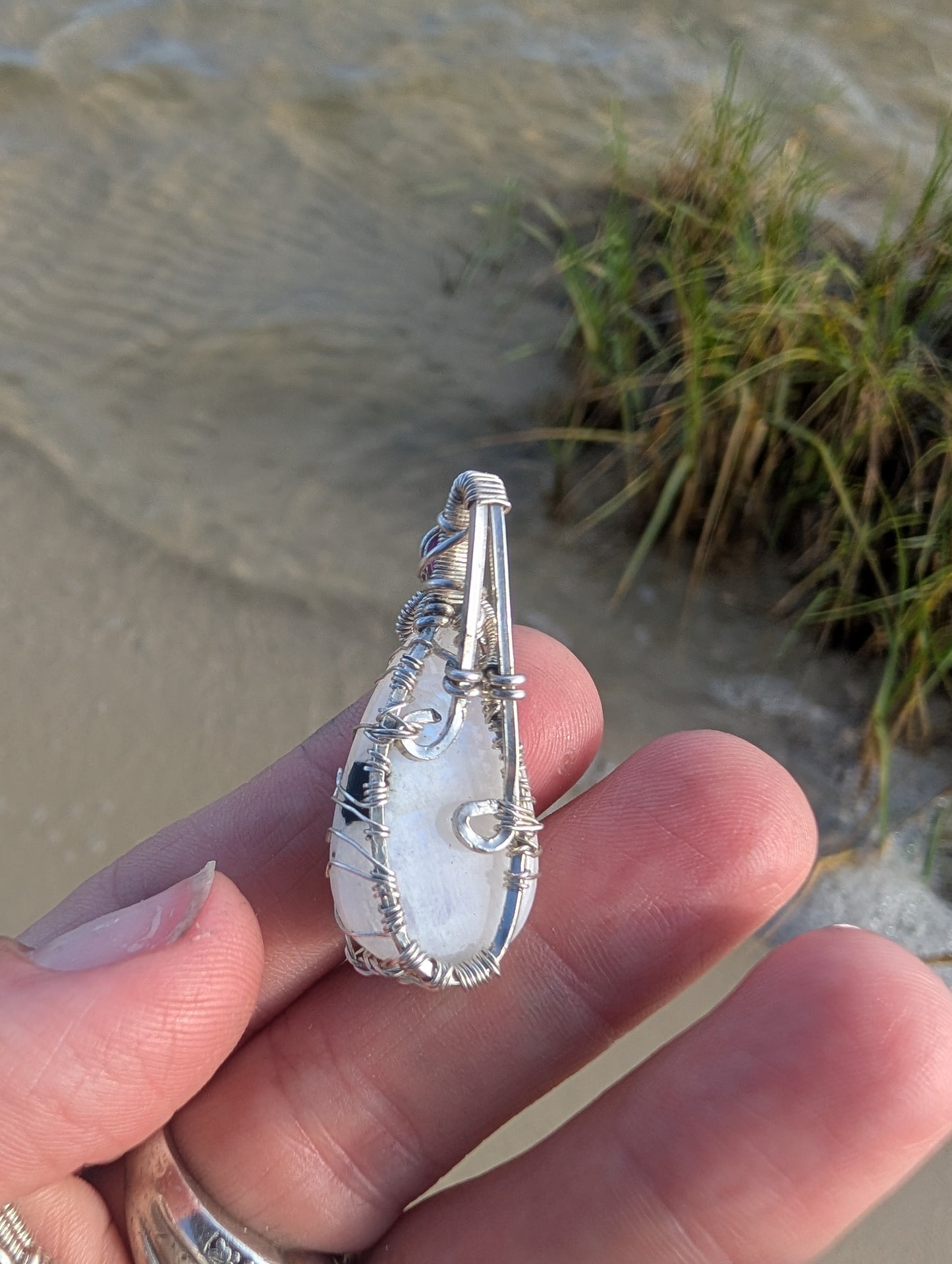Handcrafted Sterling silver wire wrapped Tree pendant. Moonstone and amethyst.