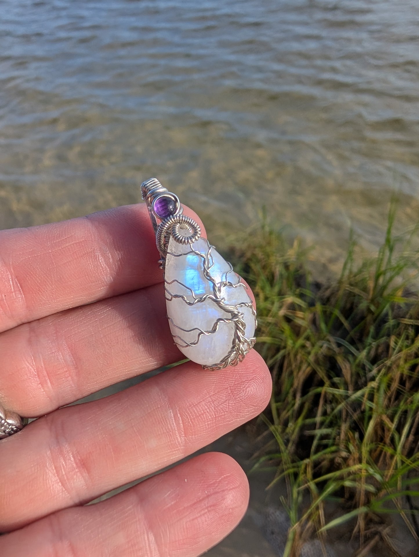Handcrafted Sterling silver wire wrapped Tree pendant. Moonstone and amethyst.