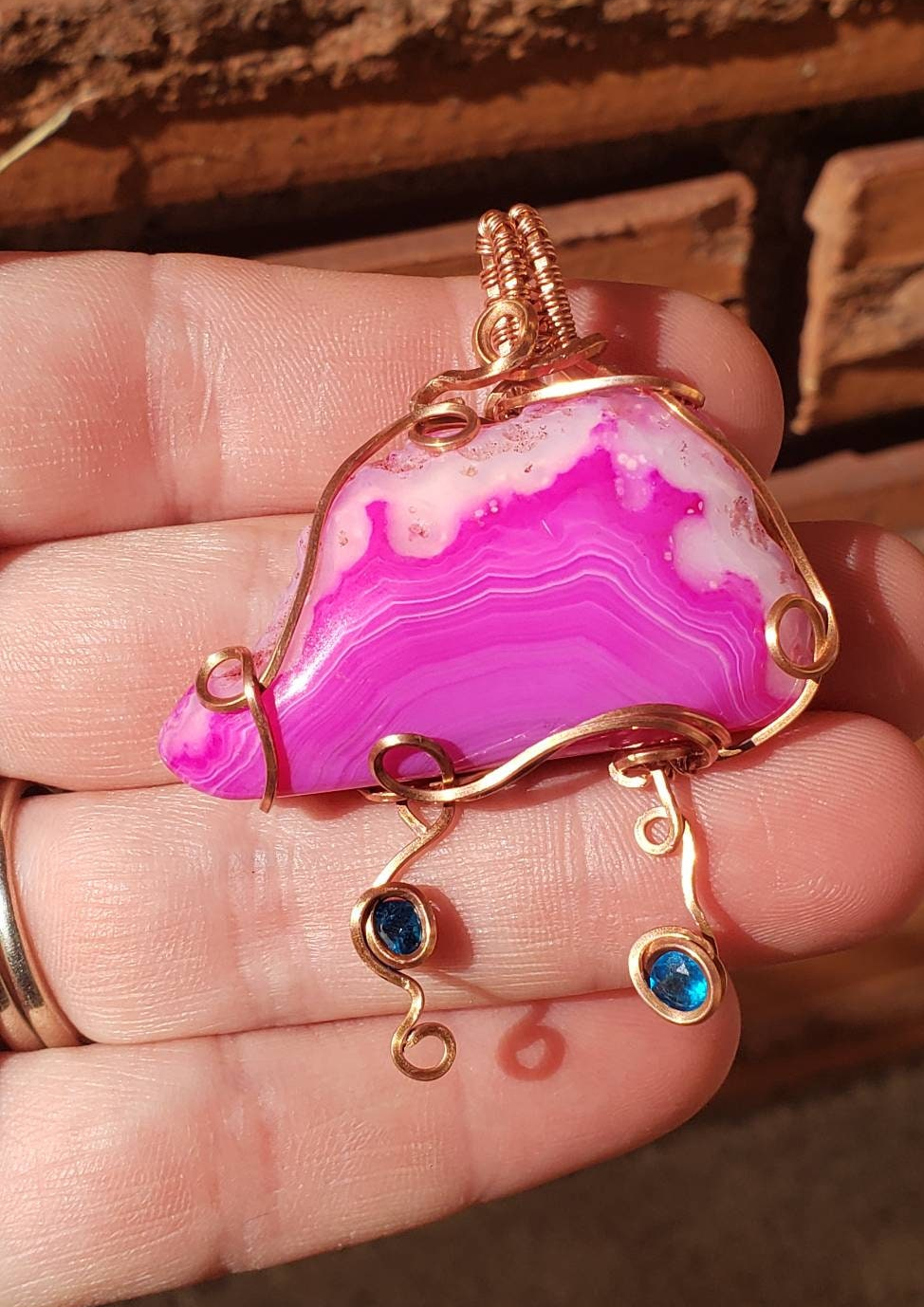 Copper wire wrapped Rain cloud! Dyed Agate cloud and Apatite Raindrops. Handmade. Wire wraps. Pendants. Gift ideas leather cord. pink