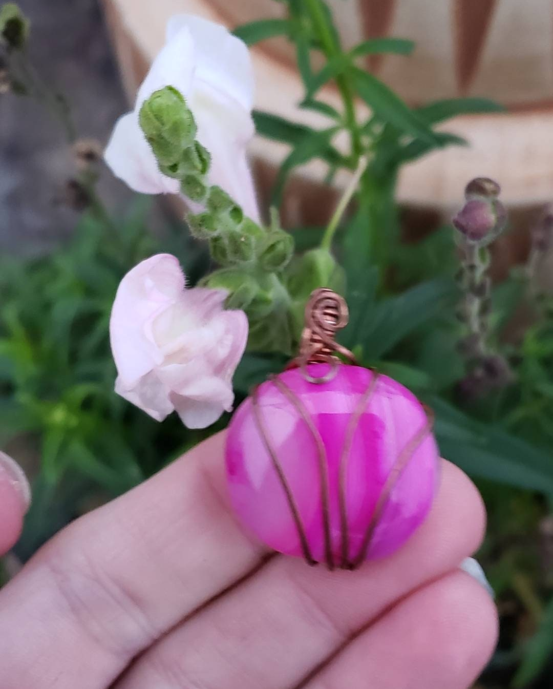 Copper wire wrapped Pumpkin Pendant with Dyed Agate Handmade. Wire wraps. Pink. Pendants. Unique. leather cord