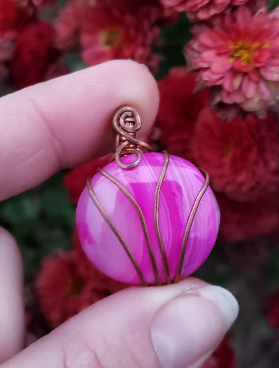 Copper wire wrapped Pumpkin Pendant with Dyed Agate Handmade. Wire wraps. Pink. Pendants. Unique. leather cord
