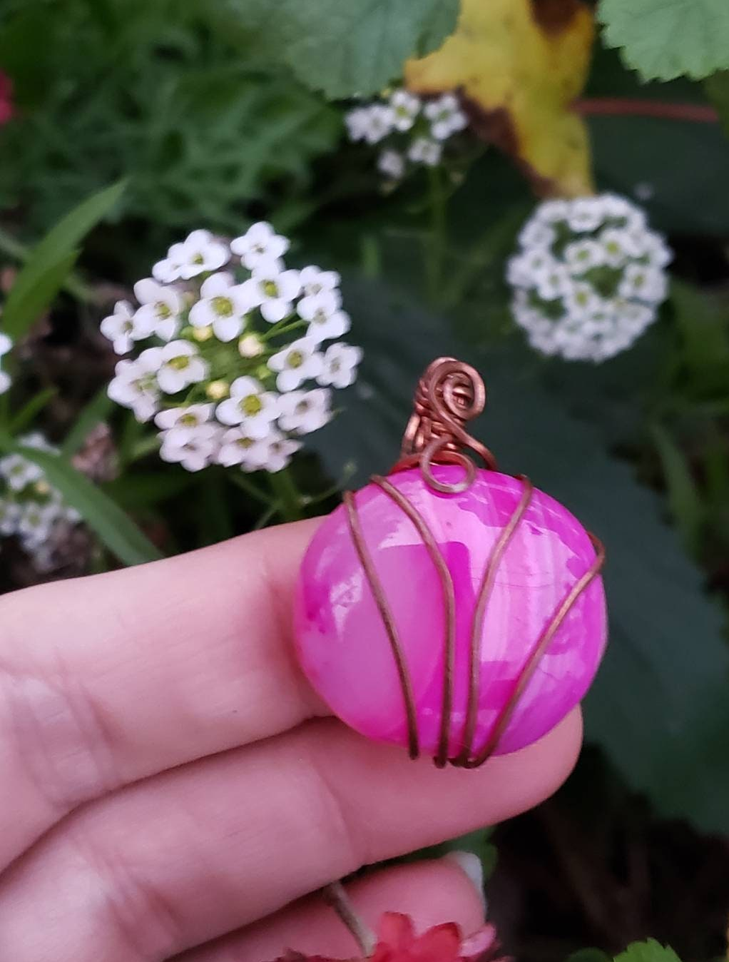 Copper wire wrapped Pumpkin Pendant with Dyed Agate Handmade. Wire wraps. Pink. Pendants. Unique. leather cord