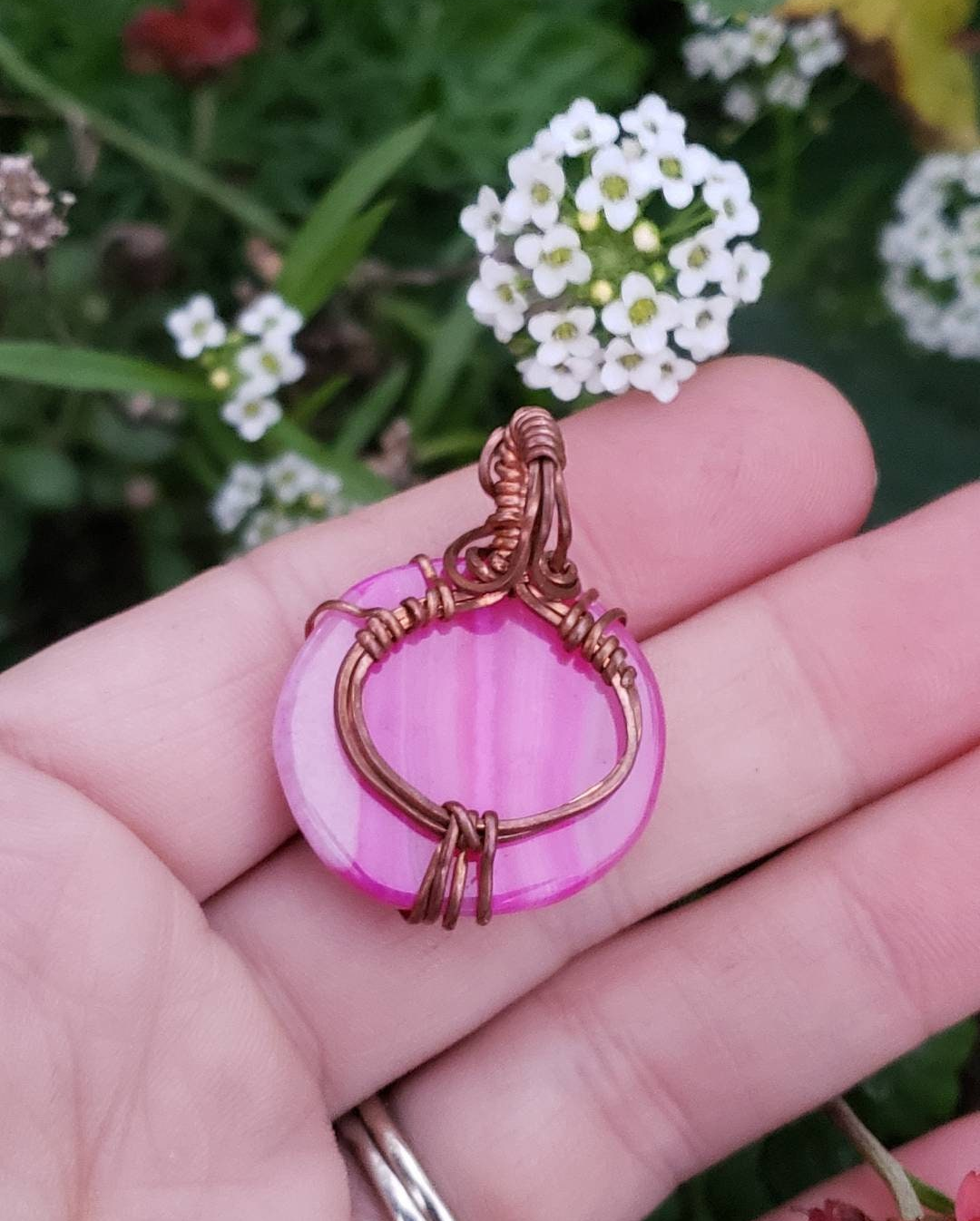 Copper wire wrapped Pumpkin Pendant with Dyed Agate Handmade. Wire wraps. Pink. Pendants. Unique. leather cord