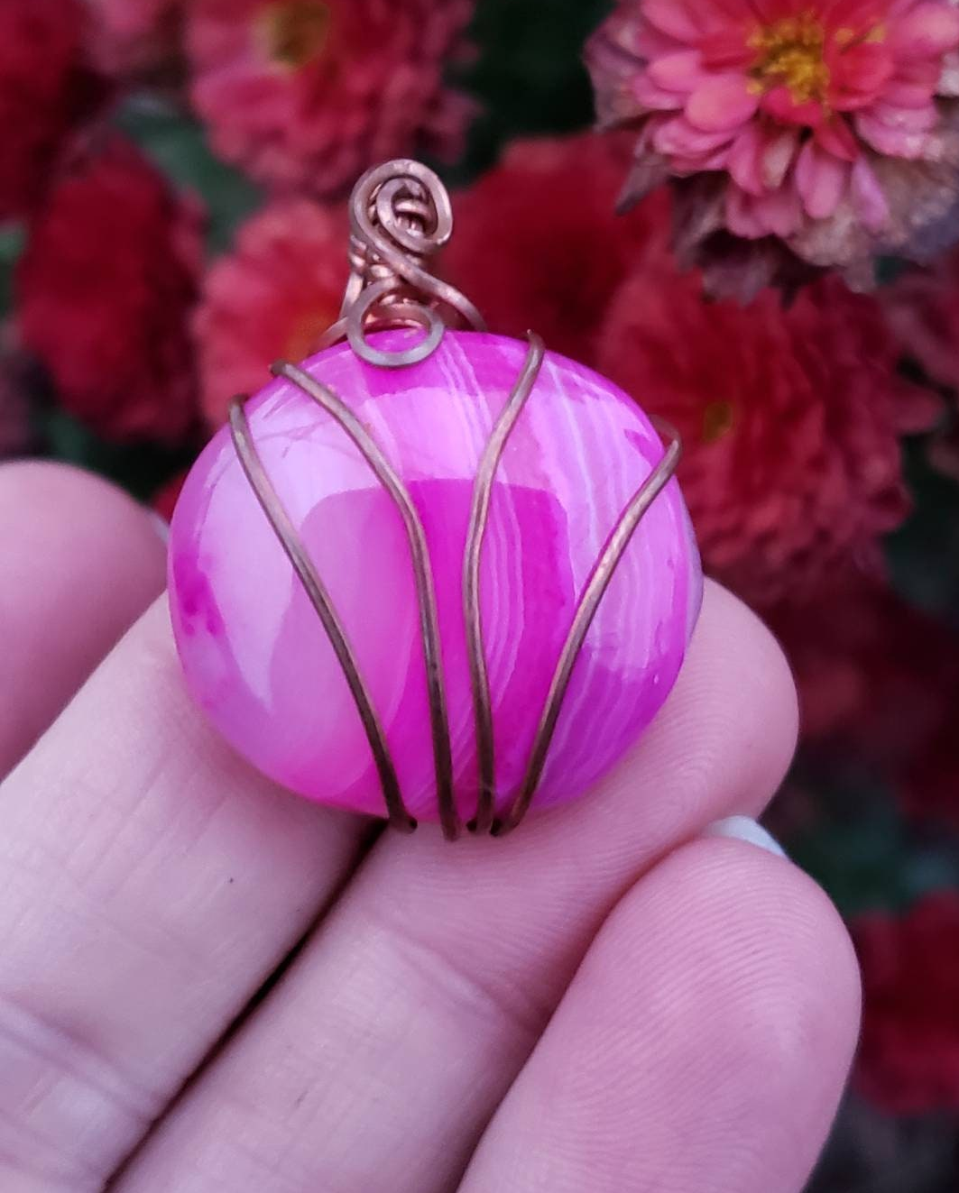 Copper wire wrapped Pumpkin Pendant with Dyed Agate Handmade. Wire wraps. Pink. Pendants. Unique. leather cord