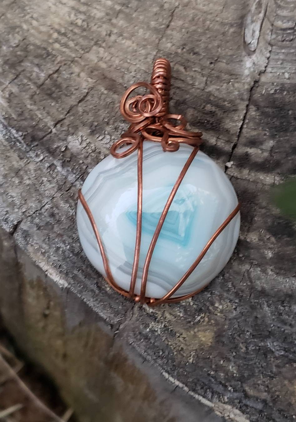 Copper wire wrapped Pumpkin Pendant with Dyed Agate Handmade. Wire wraps. Blue white. Pendants. Unique. leather cord