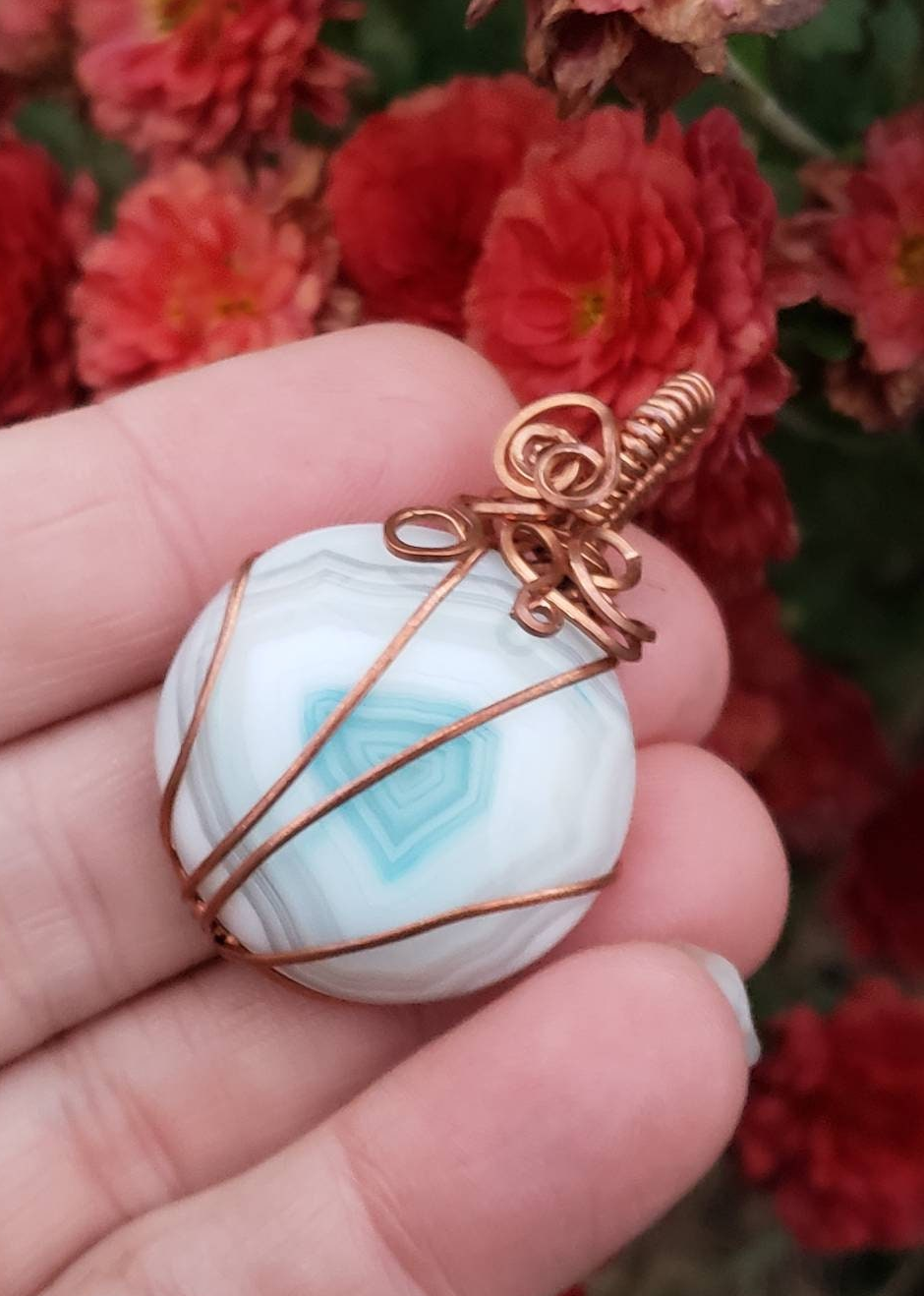 Copper wire wrapped Pumpkin Pendant with Dyed Agate Handmade. Wire wraps. Blue white. Pendants. Unique. leather cord