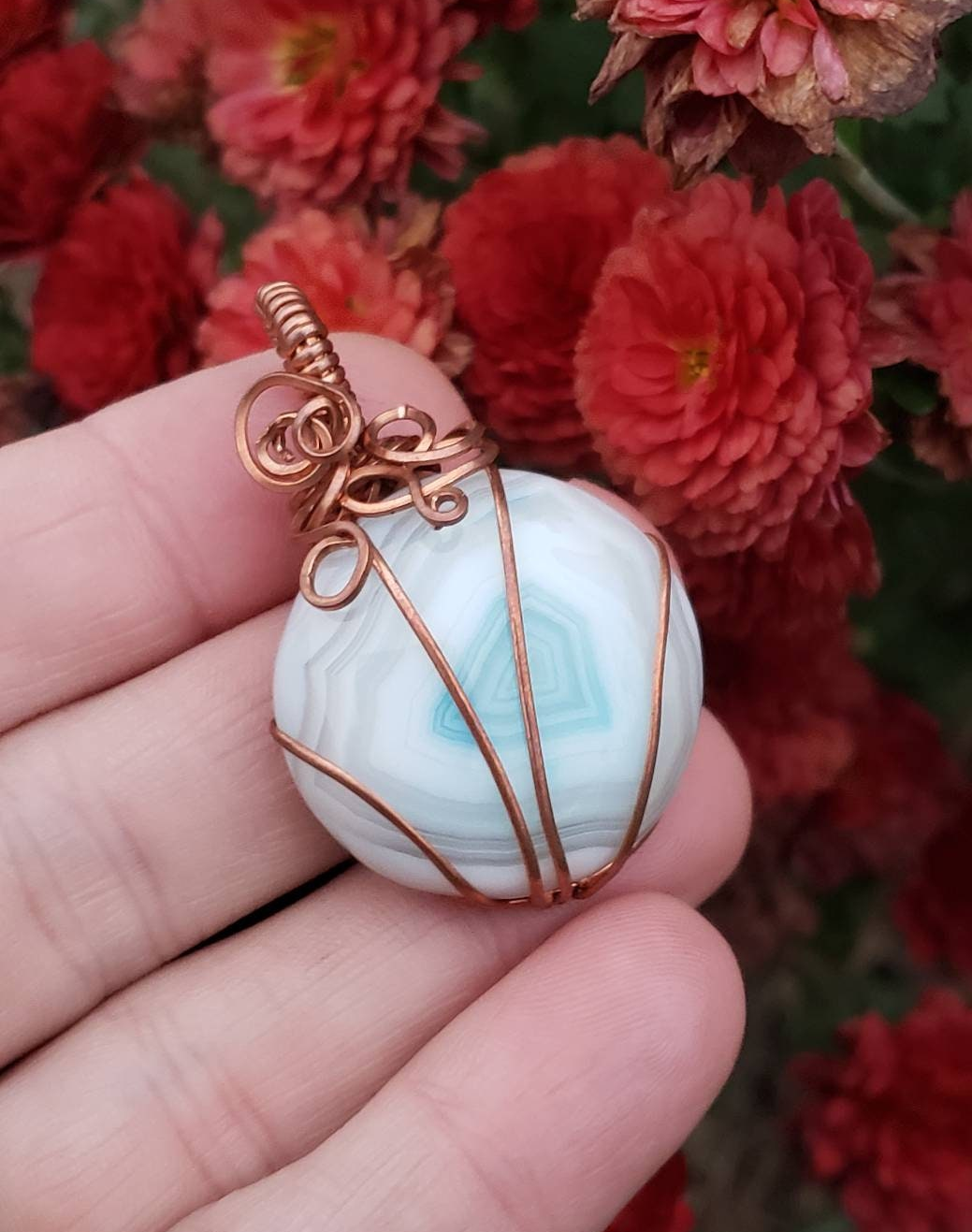 Copper wire wrapped Pumpkin Pendant with Dyed Agate Handmade. Wire wraps. Blue white. Pendants. Unique. leather cord