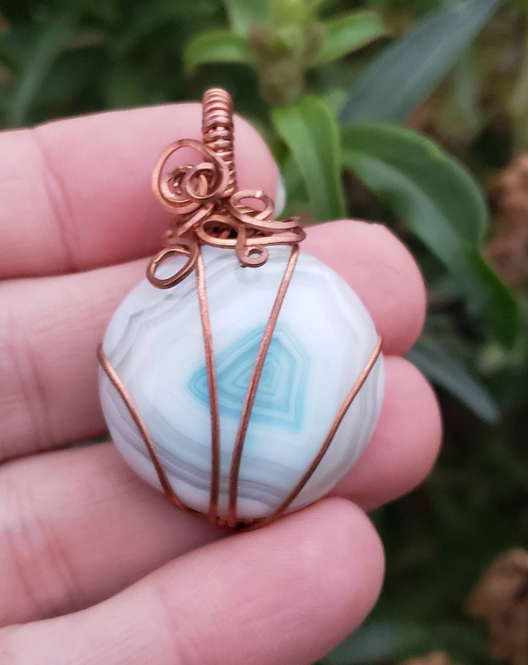 Copper wire wrapped Pumpkin Pendant with Dyed Agate Handmade. Wire wraps. Blue white. Pendants. Unique. leather cord