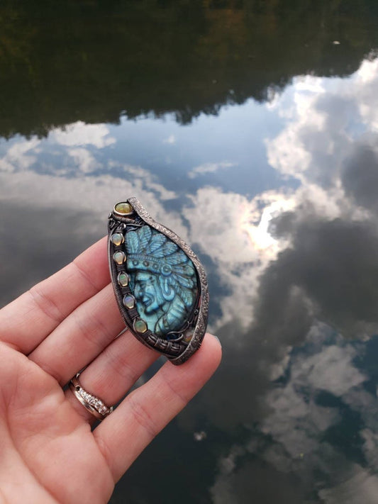 Labradorite carved Native Chief wire wrapped Pendant. Opal & apatite accents Sterling Silver wire wrapped Cabochon. Handmade. Heady.