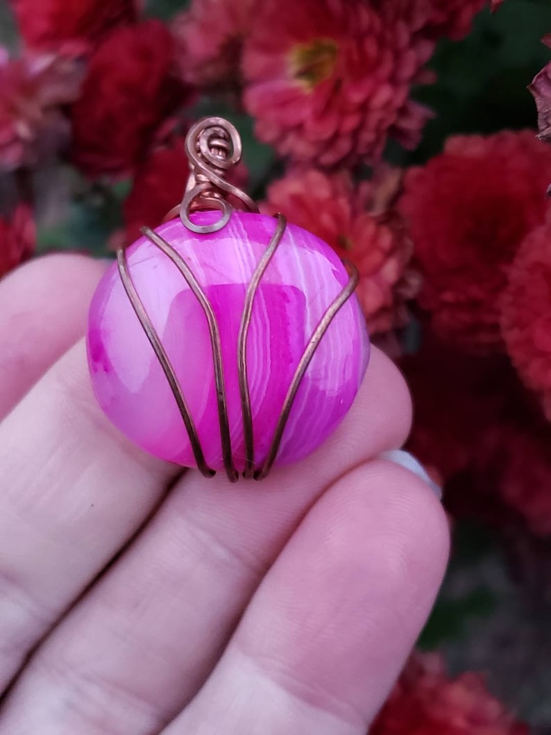 Copper wire wrapped Pumpkin Pendant with Dyed Agate Handmade. Wire wraps. Pink. Pendants. Unique. leather cord