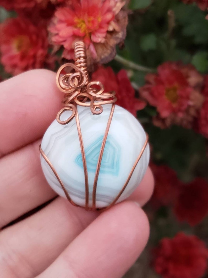 Copper wire wrapped Pumpkin Pendant with Dyed Agate Handmade. Wire wraps. Blue white. Pendants. Unique. leather cord