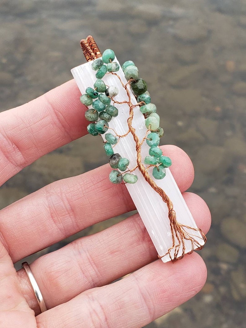 Lovely Tree of Life wire wrapped on selenite with chrysoprase beads. Comes On leather cord. Handmade. Wire wraps.