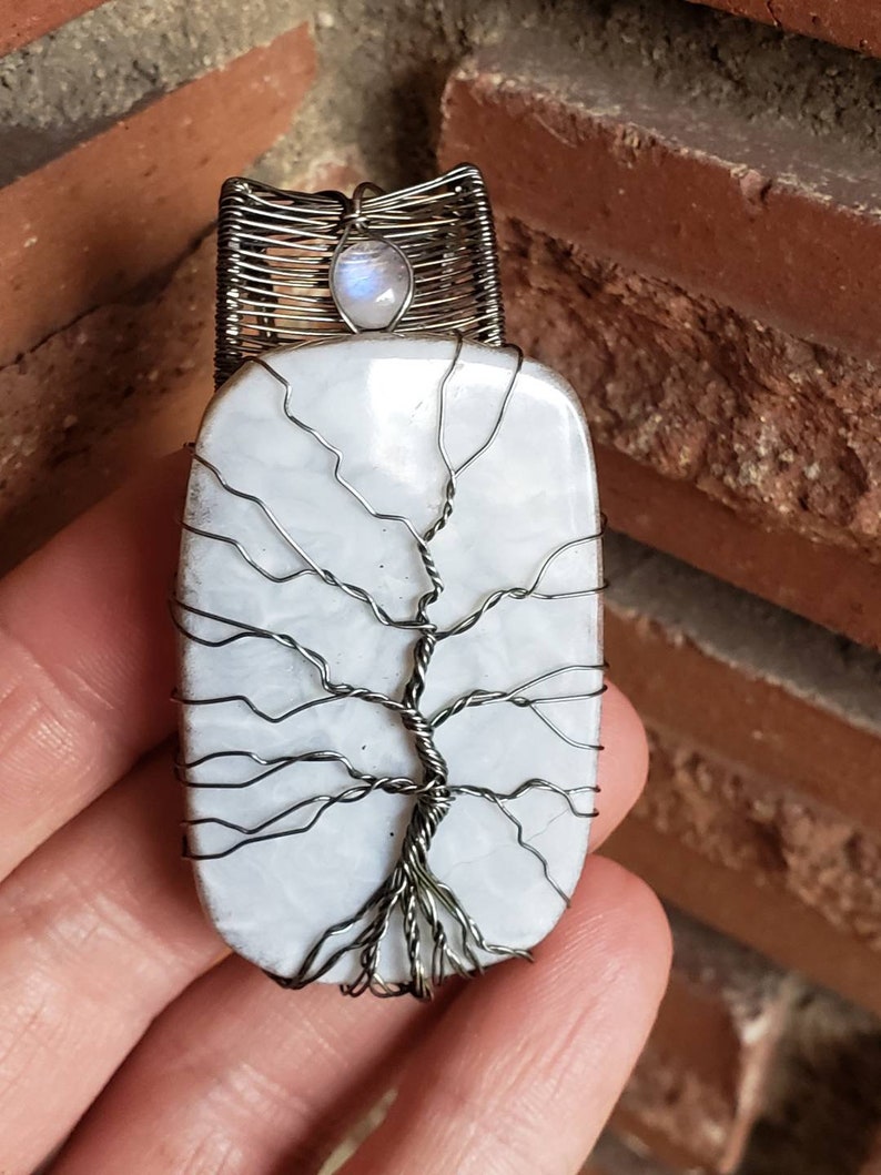 Sterling Silver wire wrapped Tree of life on a lovley Owyhee Blue Opal and moonstone accent Handmade. Wire wraps. Pendants.