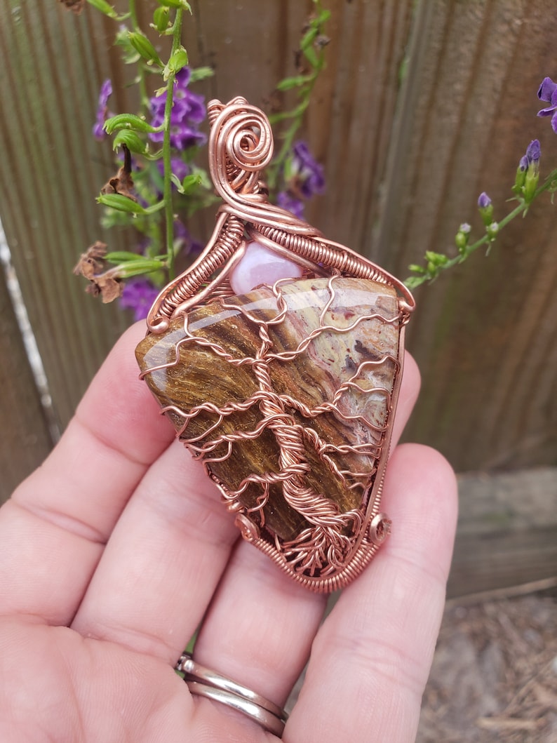 Copper wire wrapped tree of life on Petrified wood. Pink opal Multicolor Handmade. Wire wraps. Pendants. Gift ideas leather cord OOAK