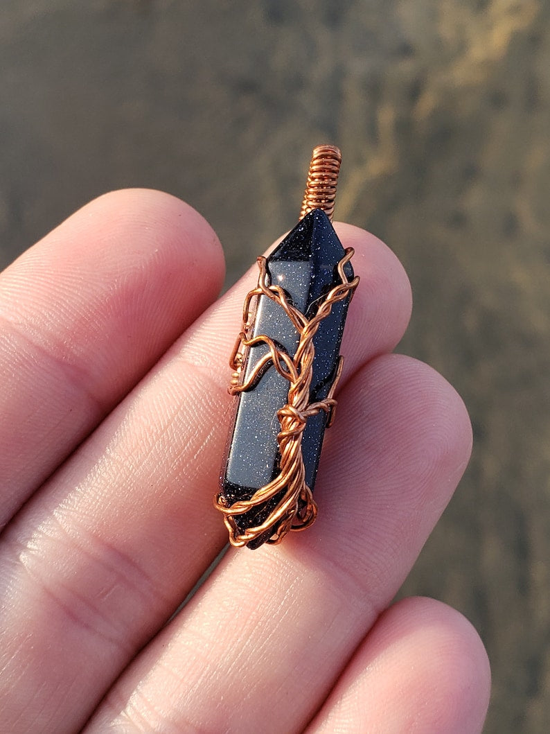 Copper wire wrapped Tree pendant. Blue Goldstone point. Hand crafted Wire wraps. Pendants. Gift ideas leather cord. OOAK wire wrap. Simple.