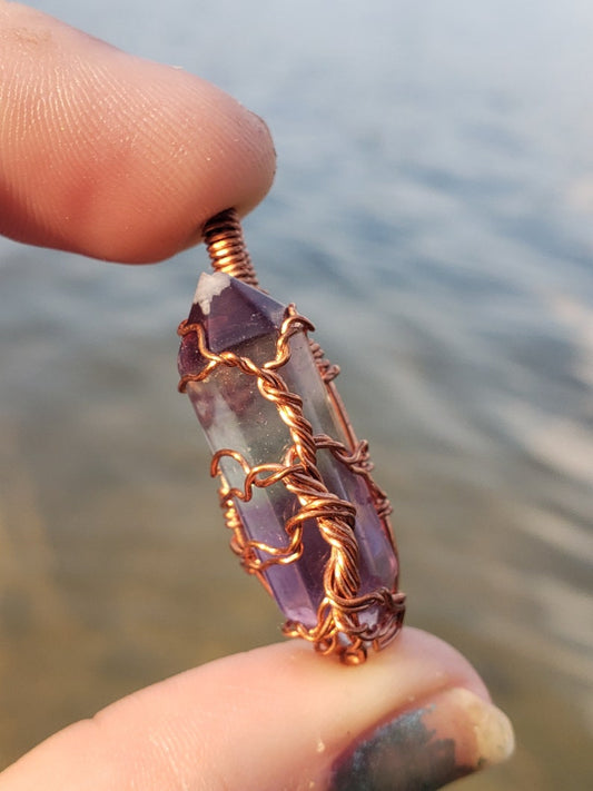 Copper wire wrapped Tree pendant. Flourite point. Hand crafted Wire wraps. Pendants. Gift ideas leather cord. OOAK wire wrap. Simple.