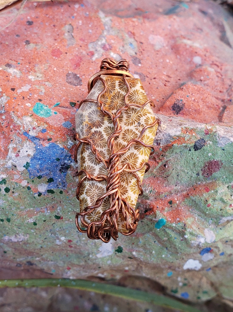Copper wire wrapped Fossilized Coral tree pendant. coffin shape Hand crafted Wire wraps. Pendants. Gift ideas leather cord.