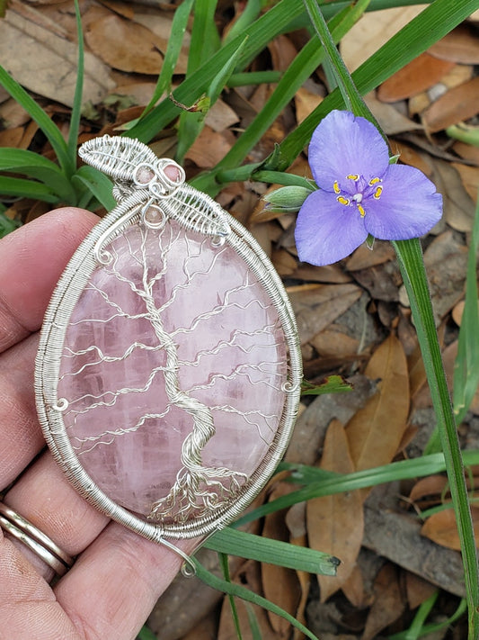 Sterling Silver wire wrapped Tree of life on a lovley pink rose quartz and rhodonite accents Handmade. Wire wraps. Pendants.