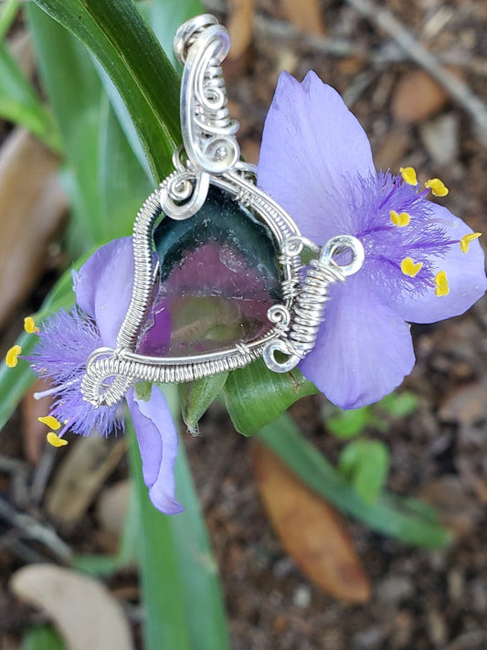 Mini Butterfly Pendant .925 Sterling Silver wire wrapped around Tourmaline Slice Handmade. Wire wraps. Metaphysical
