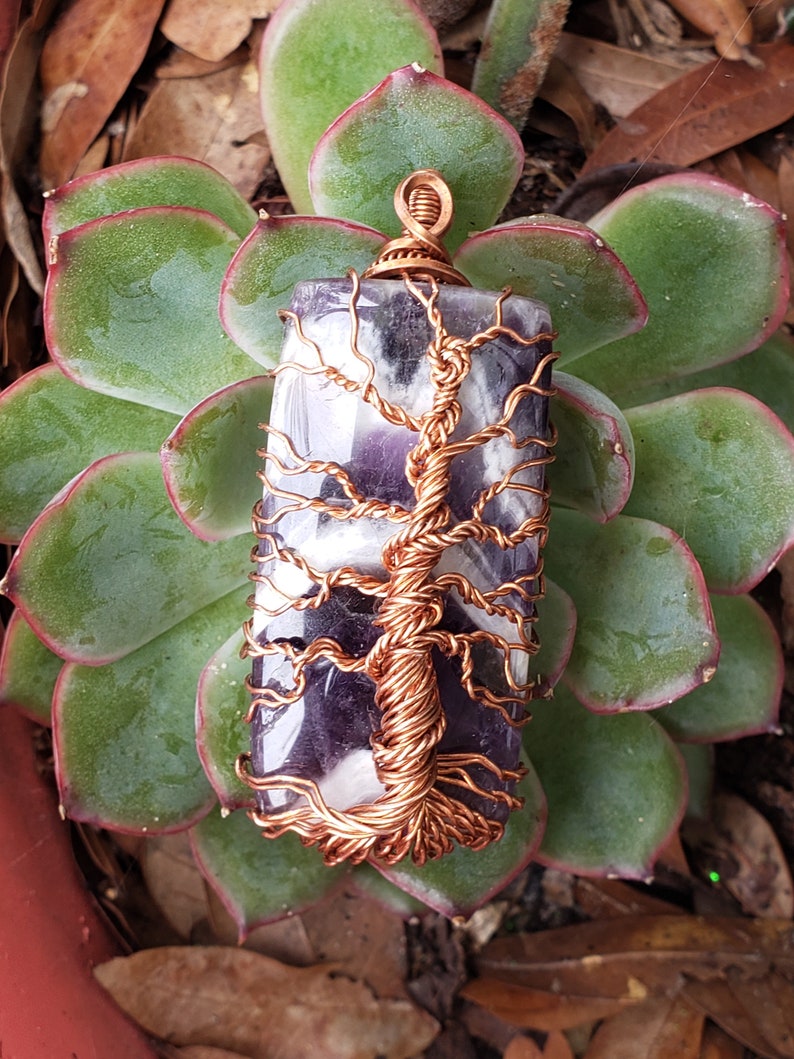 Copper wire wrapped tree of life on Chevron Amethyst. Handmade. Wire wraps. Pendants. Gift ideas leather cord OOAK purple
