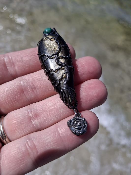 Lovely Tree of Life wire wrapped pendant. Gold Sheen Obsidian & malachite Comes On leather cord. Handmade. Wire wraps. Sterling silver wire