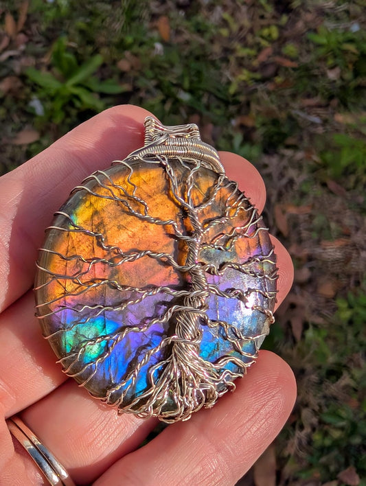 Sterling Silver wire wrapped Tree of life on a lovley Owyhee Blue Opal and moonstone accent Handmade. Wire wraps. Pendants.