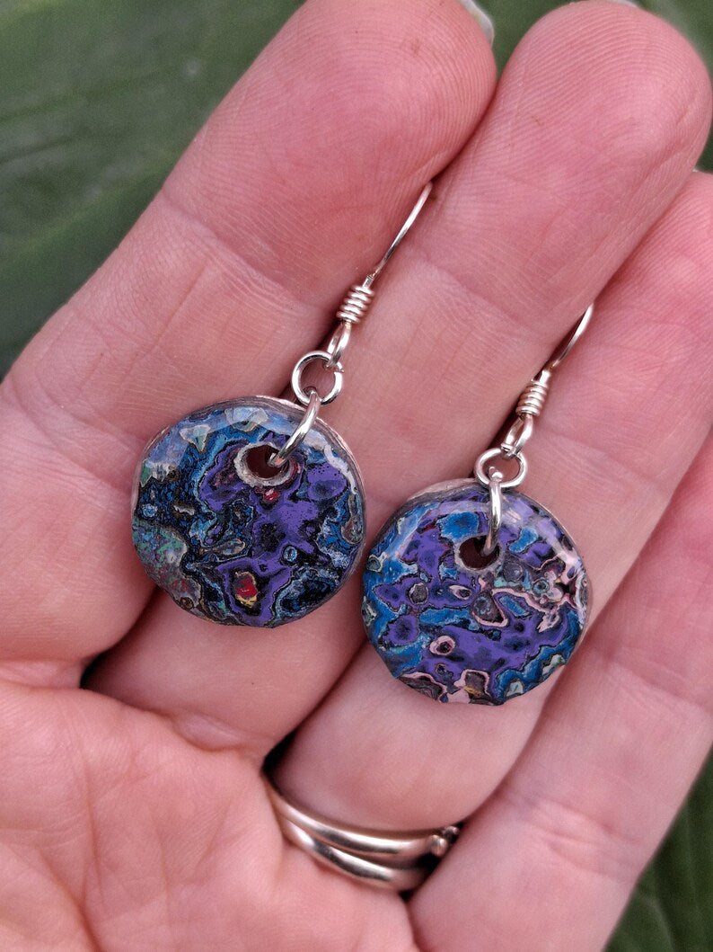 Graffiti style Earrings handmade with Sterling Silver ear hooks. multi color earrings, dangle earrings. Silver dimes. Gift ideas #10