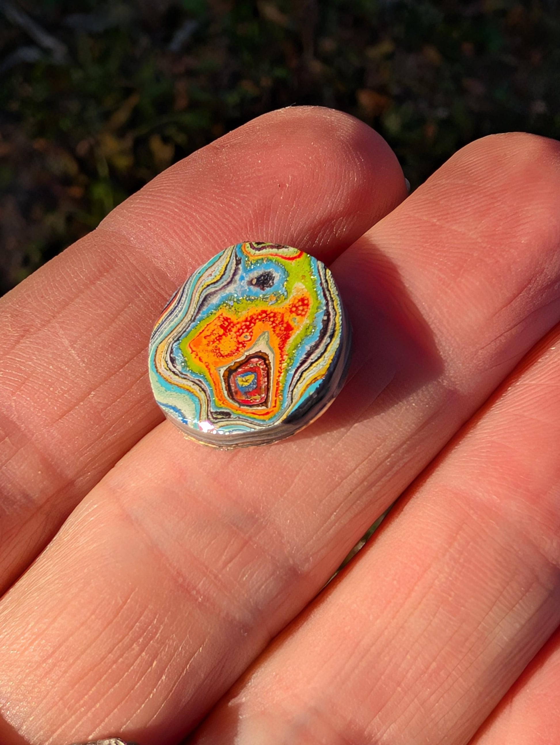 Graffiti Cabochon. multi color. Small. 1gram silver. .99 recycled .orange green wearable art jewelry making #12
