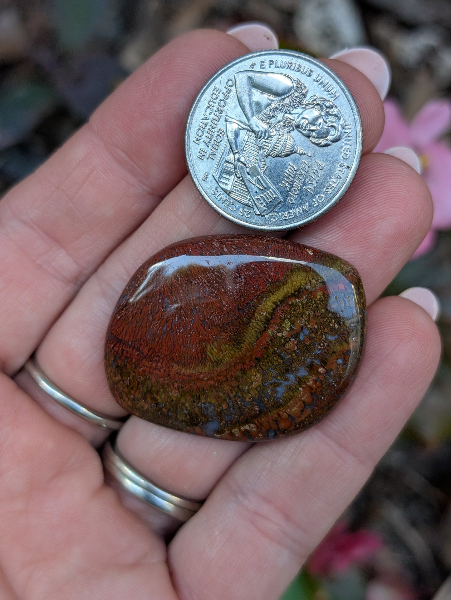 Plume agate cabochon. Freeform. Red 38mm x 30mm