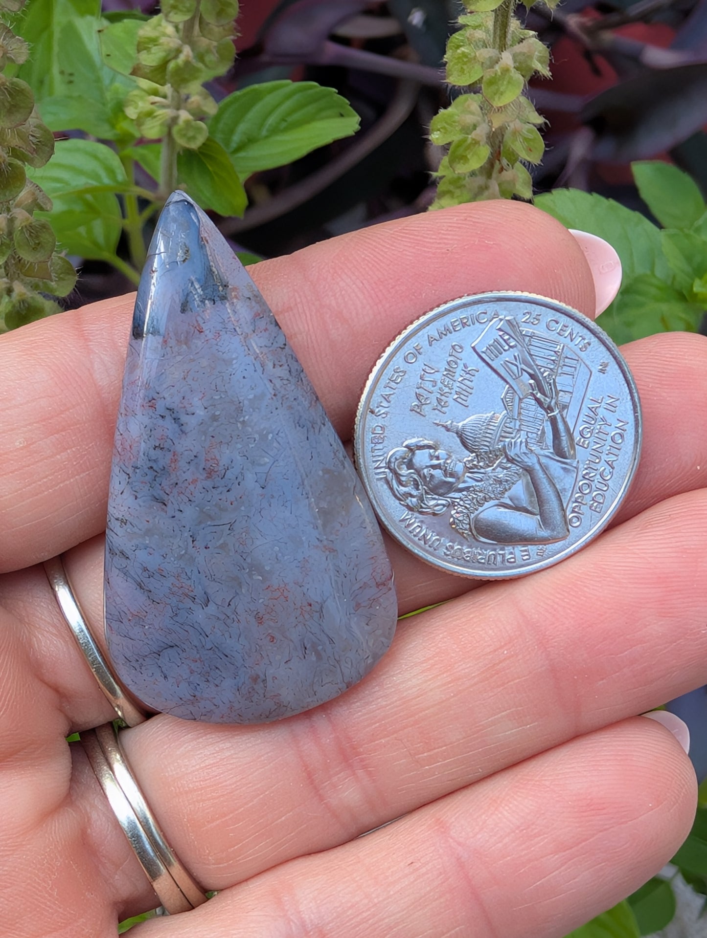 Moss agate cabochon. Tear drop . Red 44mm x 24mm