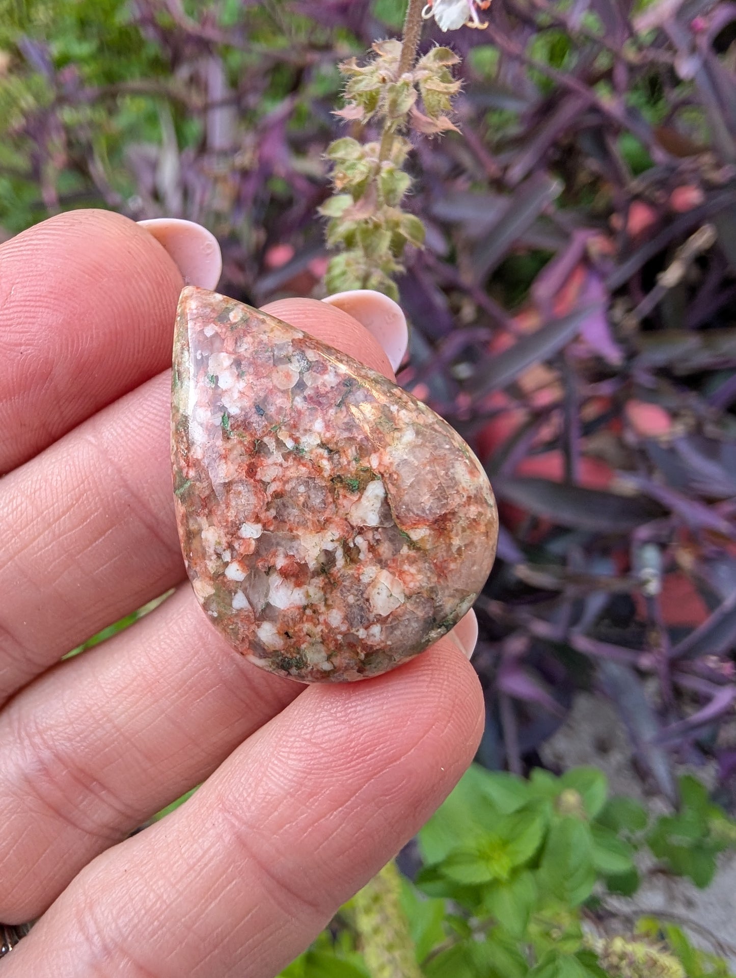 Unakite cabochon. Tear drop . Pink Green 33mm x 24mm