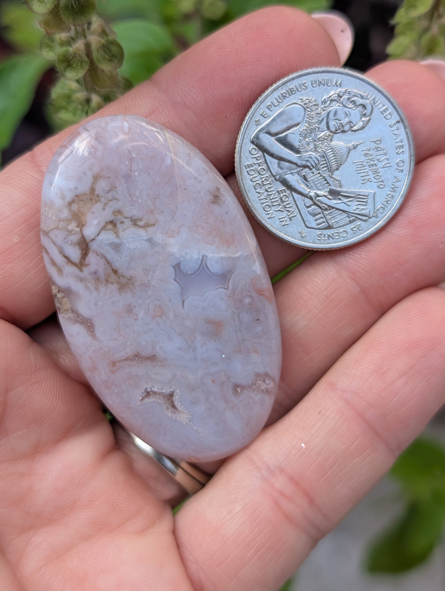 Moss agate cabochon. Large Oval. Pink. 49mm x 29mm
