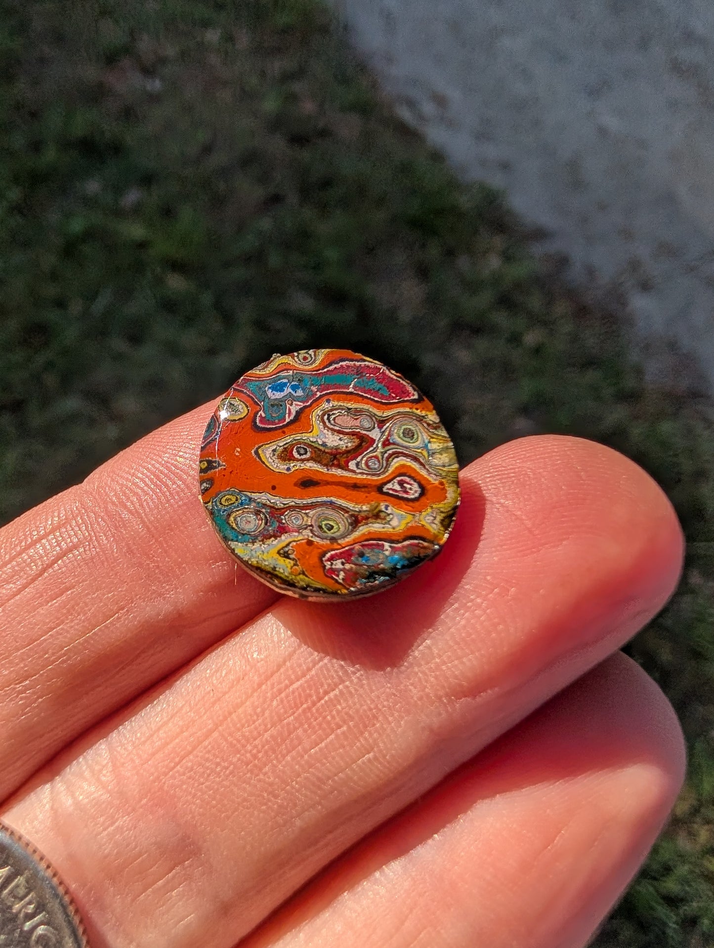 Graffiti Cabochon. multi color. Small. silver dime recycled . Orange wearable art jewelry making #18