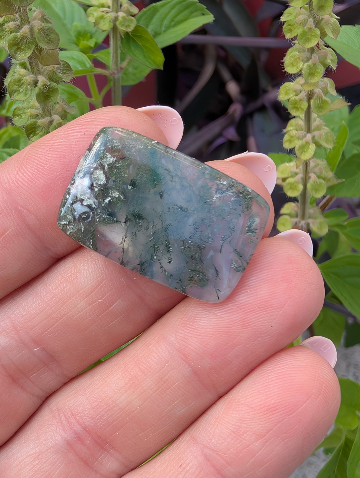 Moss agate cabochon. Rectangle . Green  27mm x 18mm