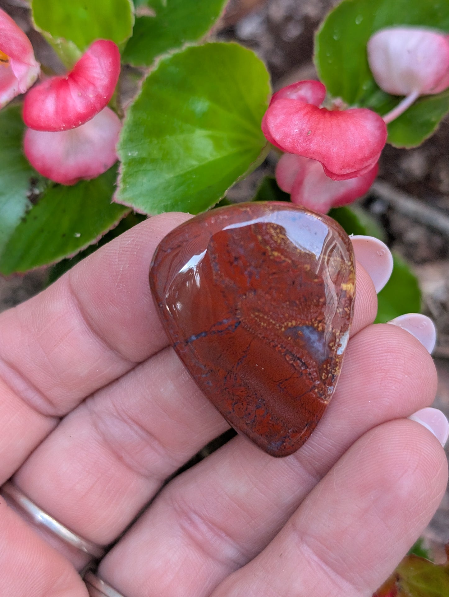 Plume agate cabochon. Tear drop . Red 36mm x 28mm