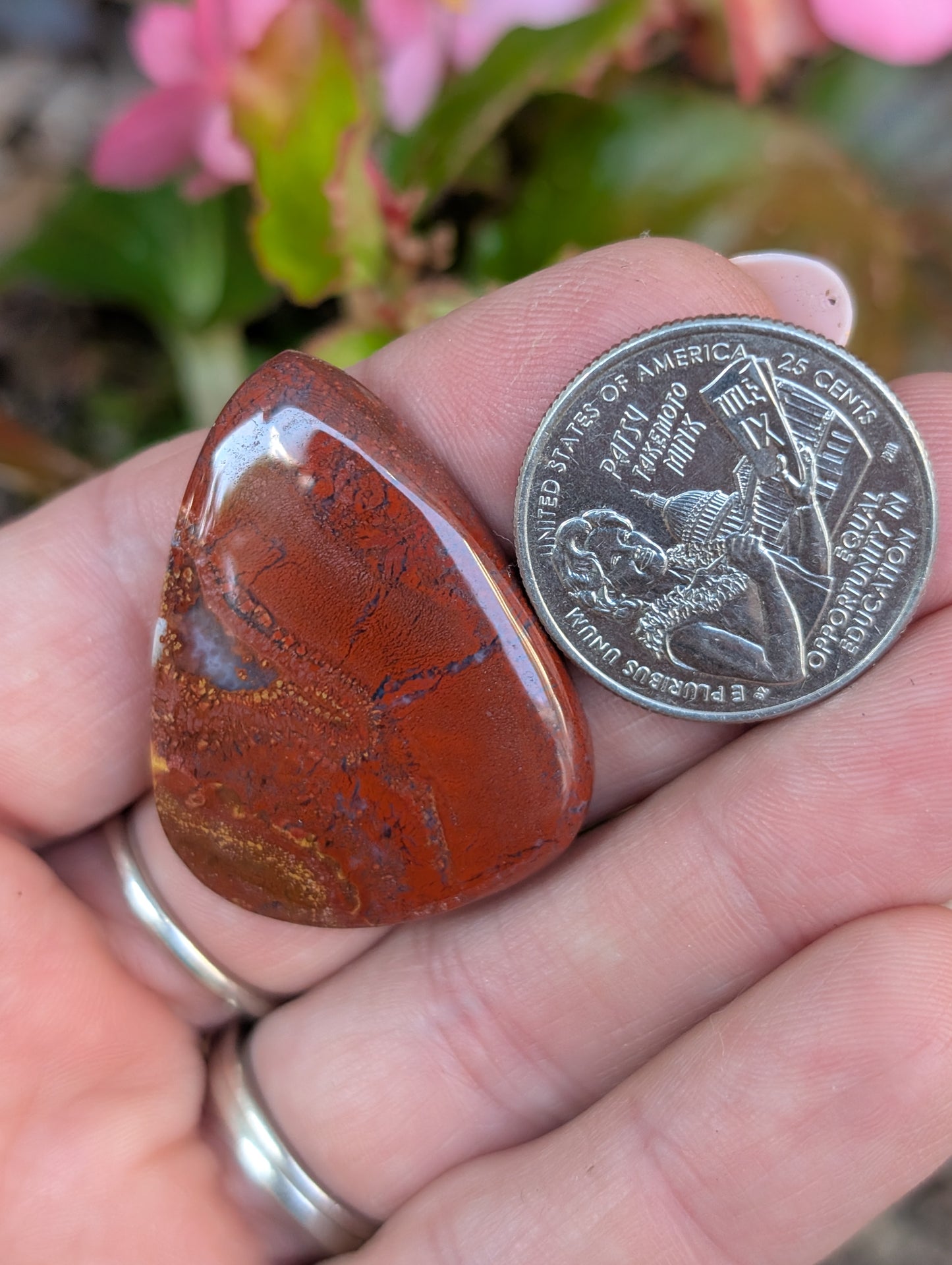 Plume agate cabochon. Tear drop . Red 36mm x 28mm