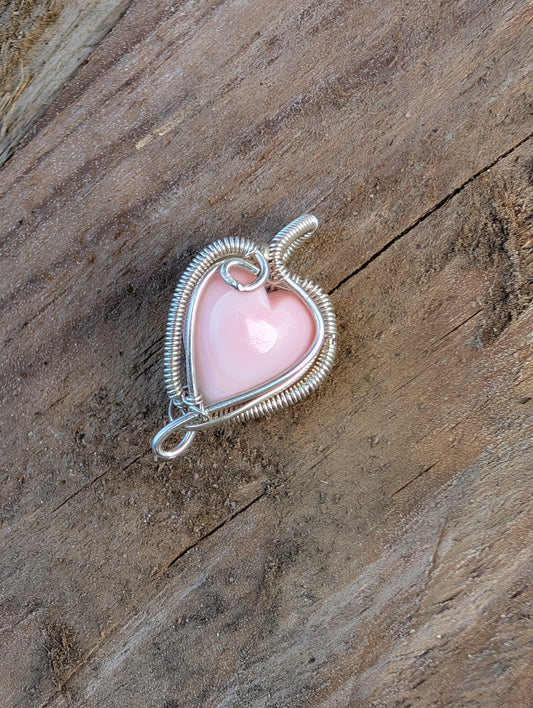 Sterling Silver wire wrapped heart pendant. Mini pendant. Pink conch shell. Handmade Valentine's.