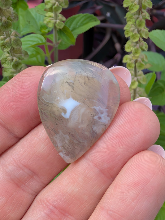 Moss agate cabochon. Tear drop . Green  31mm x 24mm