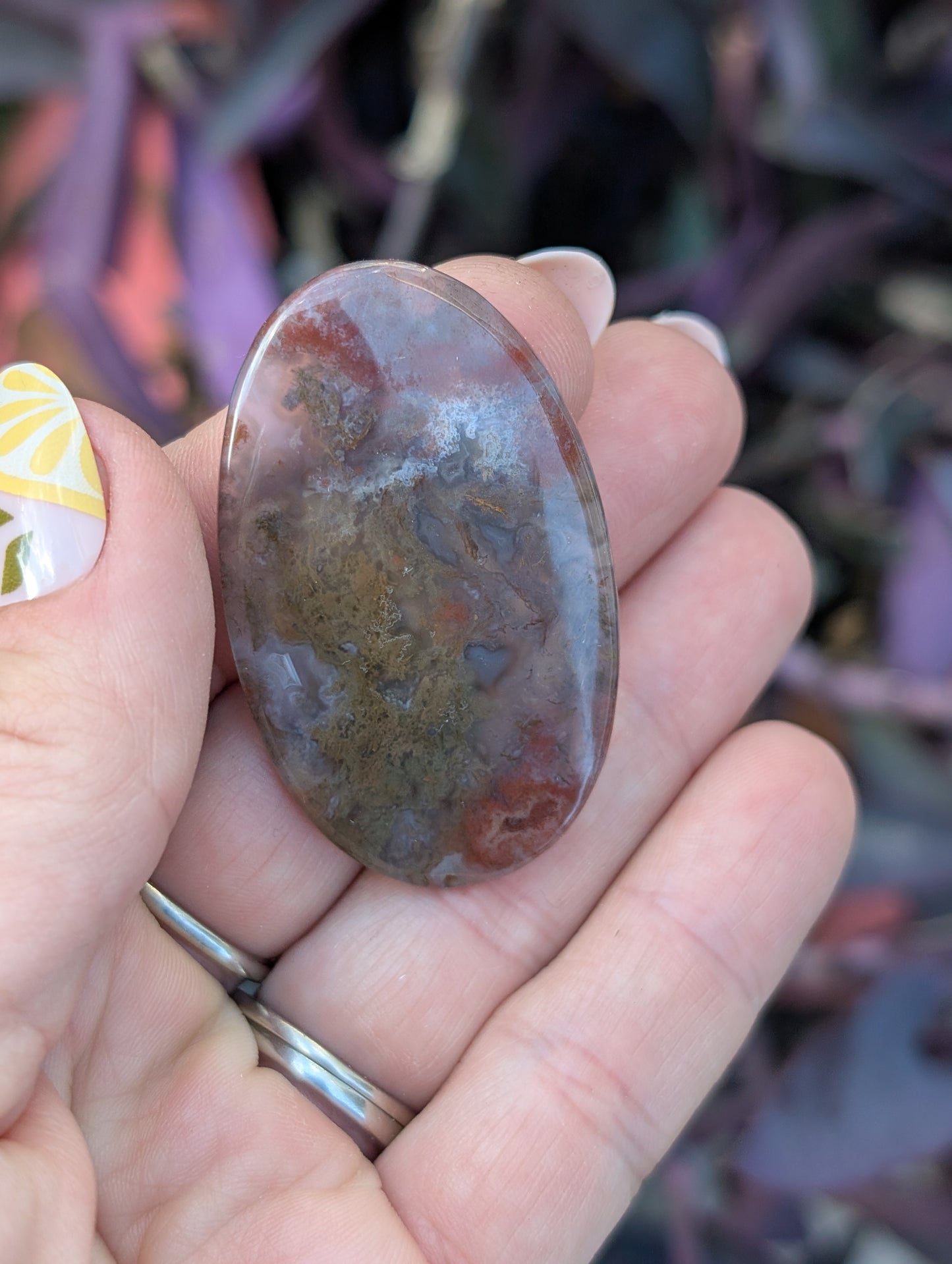 Moss agate cabochon. Large Oval. Green and red. 47mm x 29mm