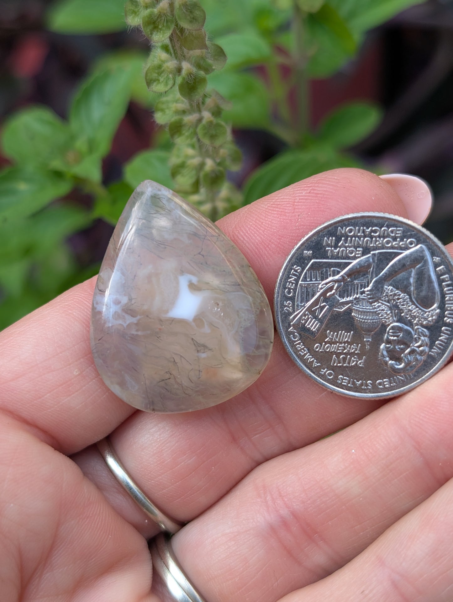 Moss agate cabochon. Tear drop . Green  31mm x 24mm