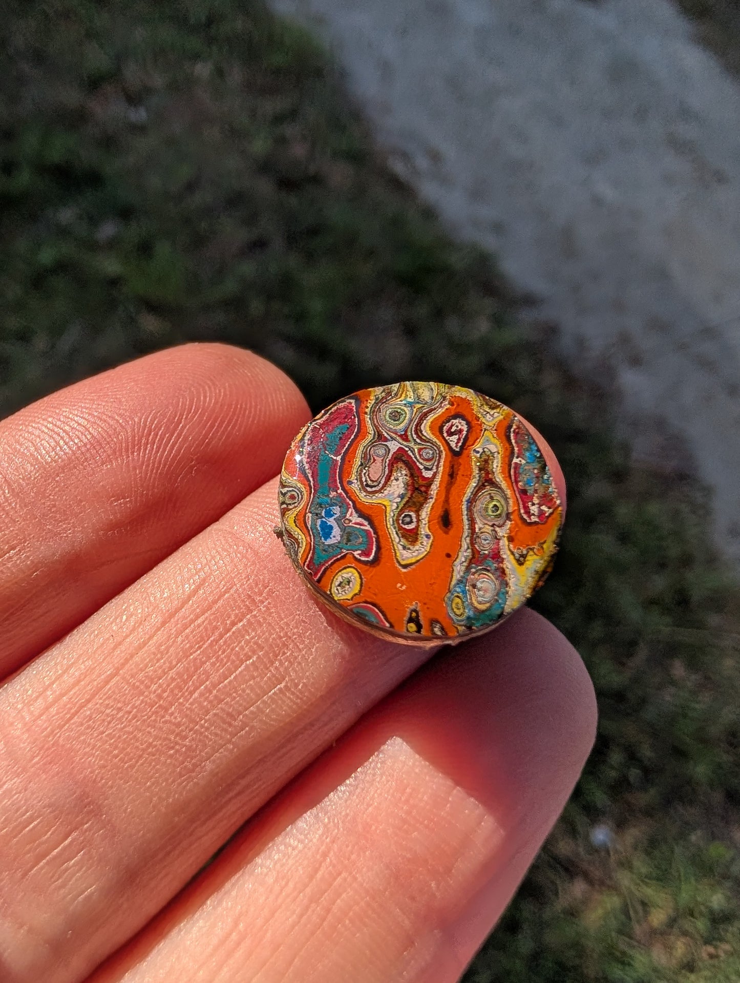 Graffiti Cabochon. multi color. Small. silver dime recycled . Orange wearable art jewelry making #18