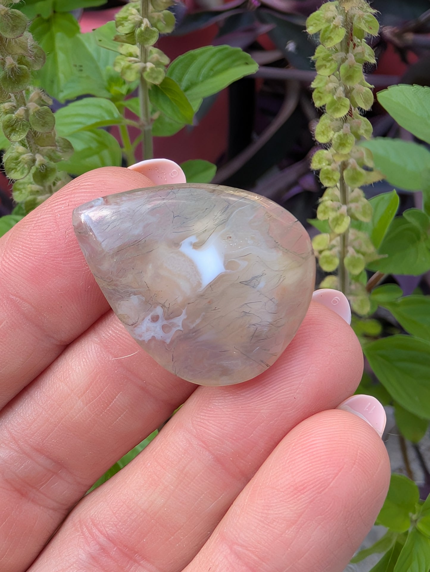 Moss agate cabochon. Tear drop . Green  31mm x 24mm