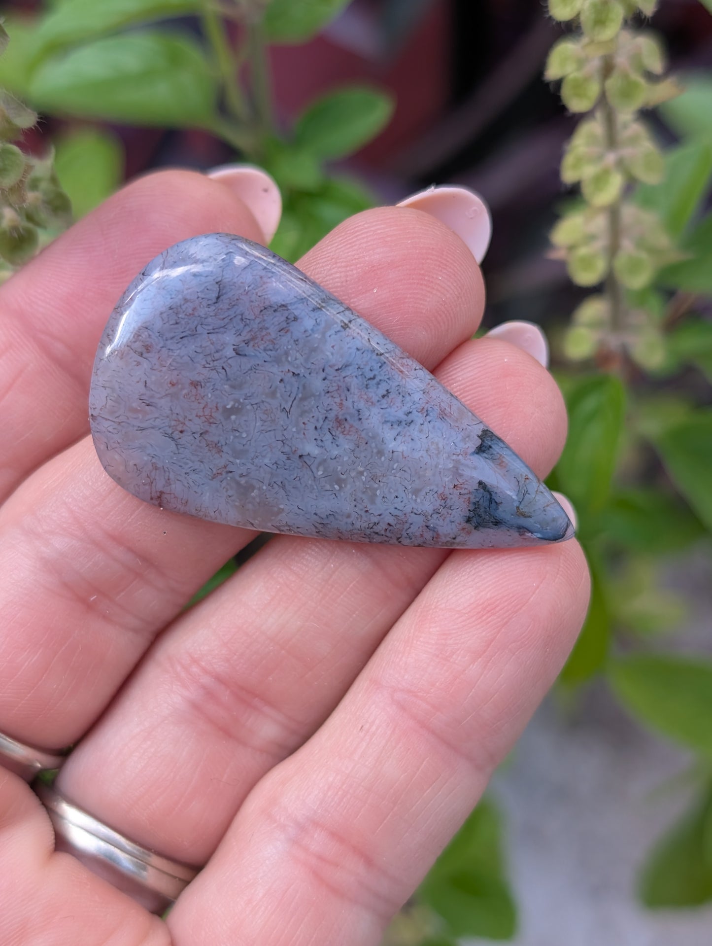 Moss agate cabochon. Tear drop . Red 44mm x 24mm