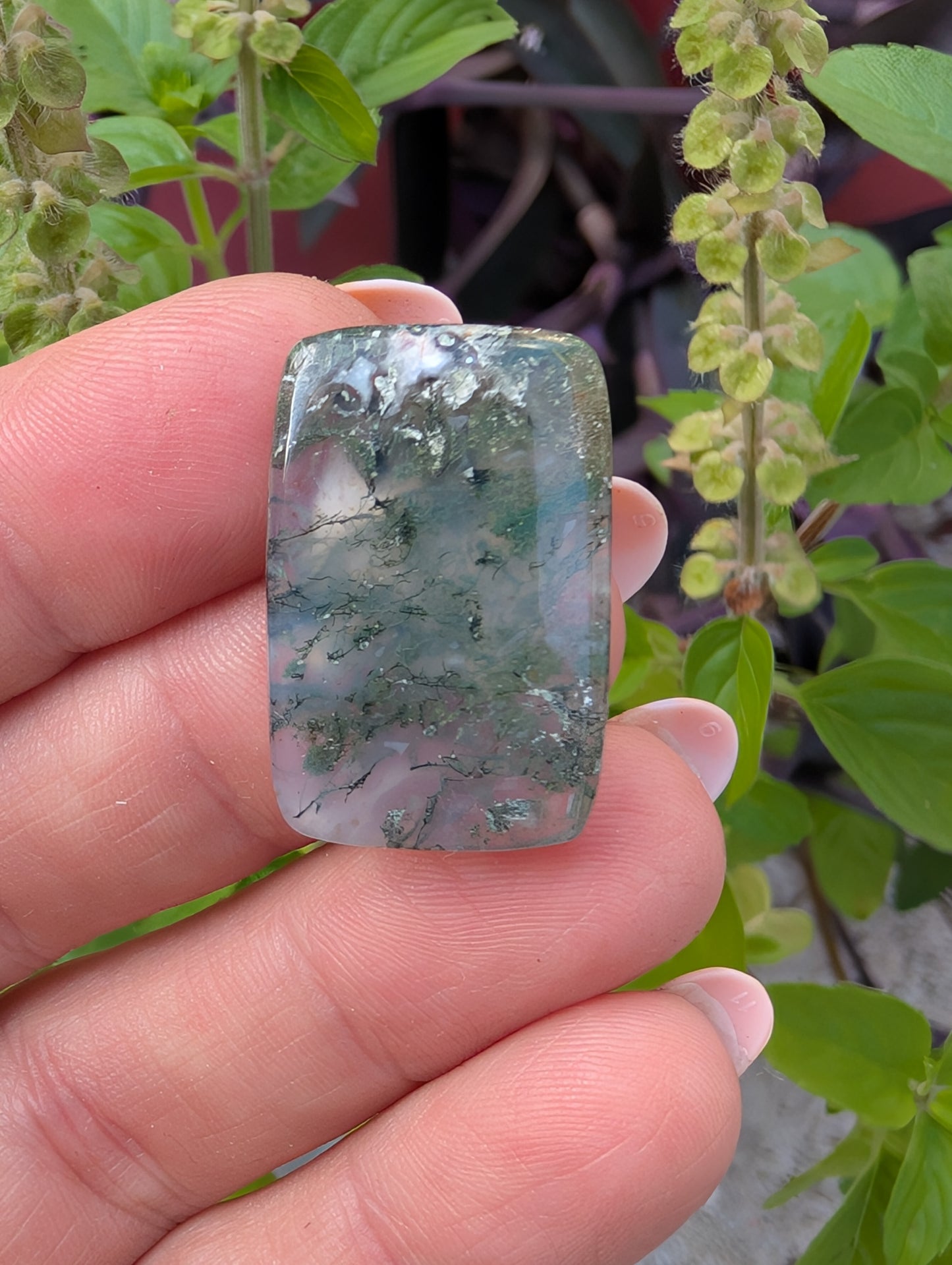 Moss agate cabochon. Rectangle . Green  27mm x 18mm
