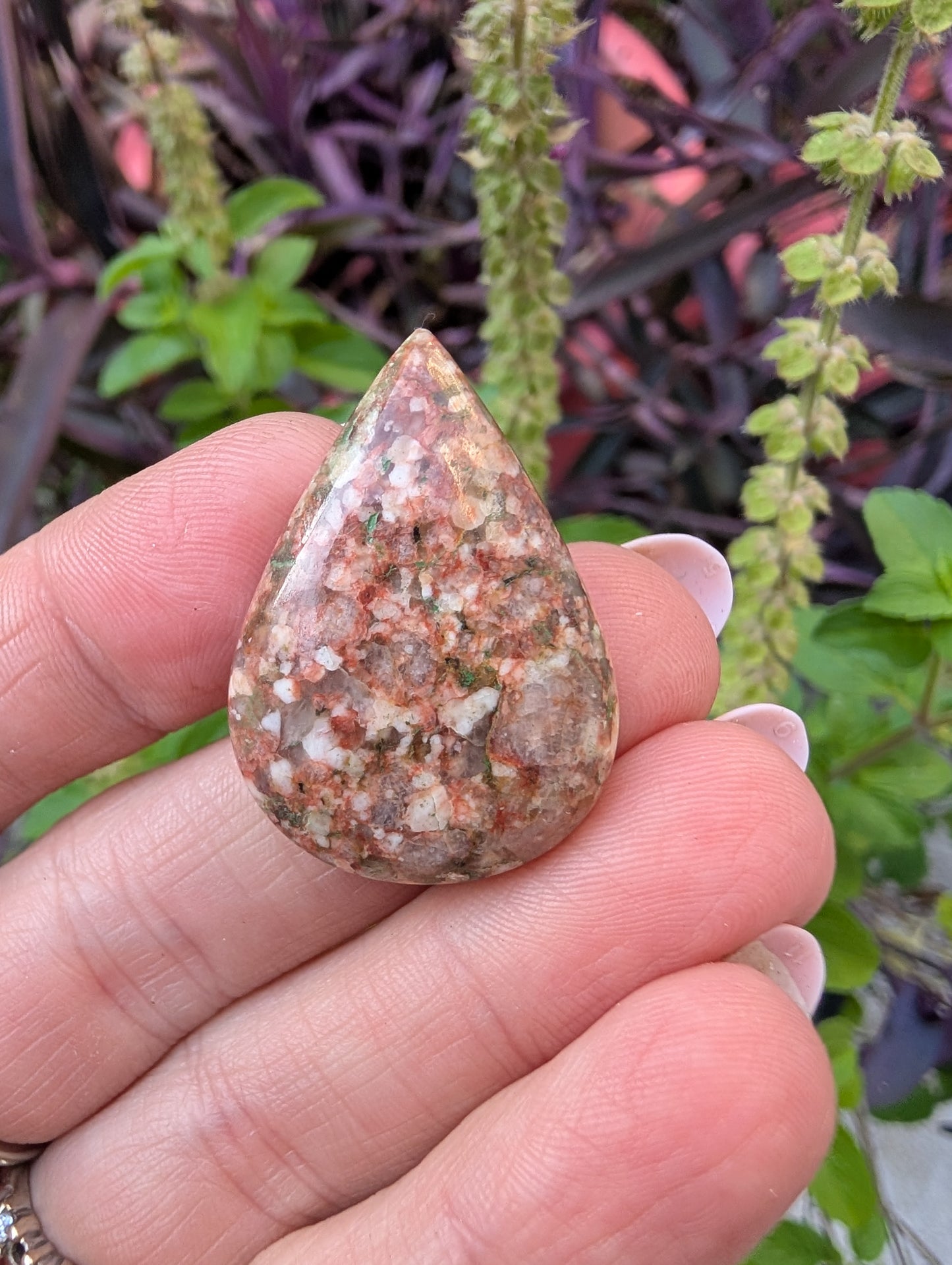 Unakite cabochon. Tear drop . Pink Green 33mm x 24mm