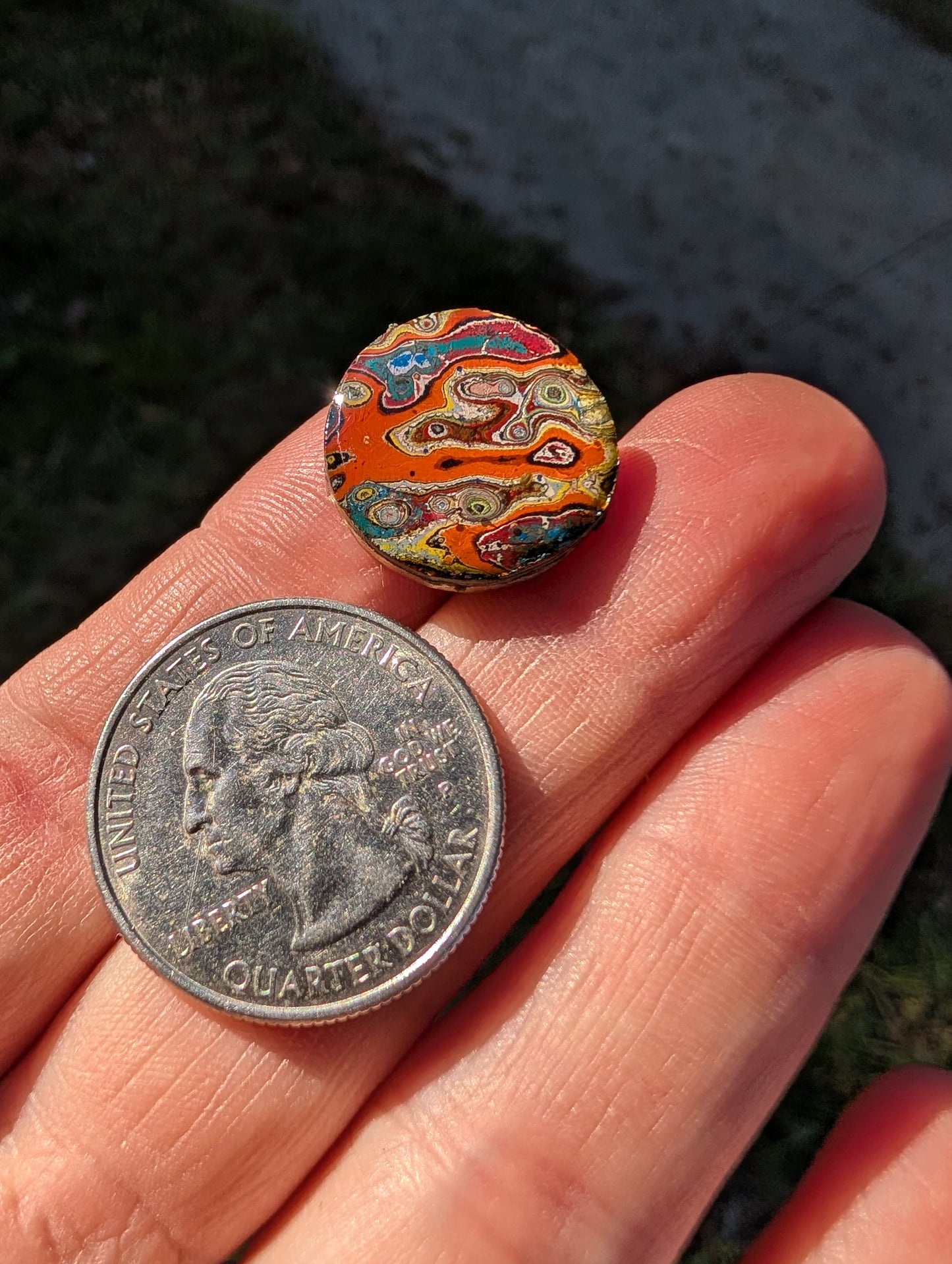 Graffiti Cabochon. multi color. Small. silver dime recycled . Orange wearable art jewelry making #18