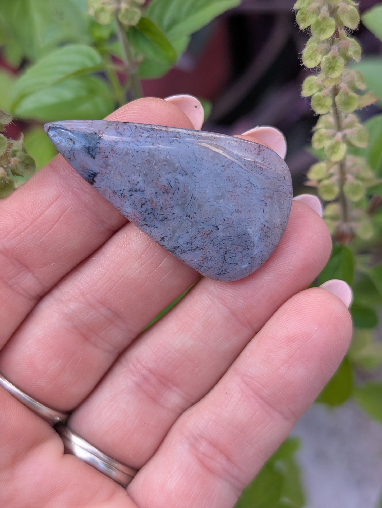 Moss agate cabochon. Tear drop . Red 44mm x 24mm