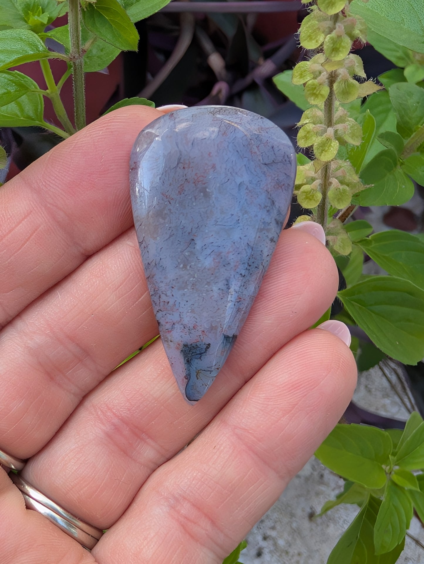 Moss agate cabochon. Tear drop . Red 44mm x 24mm
